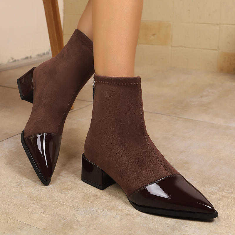 Toe Vintage Patent Leather Pointed Thick Heel Ankle Boots Women 2025 Autumn Elastic Suede Short Boots Woman's Winter Shoes D260916