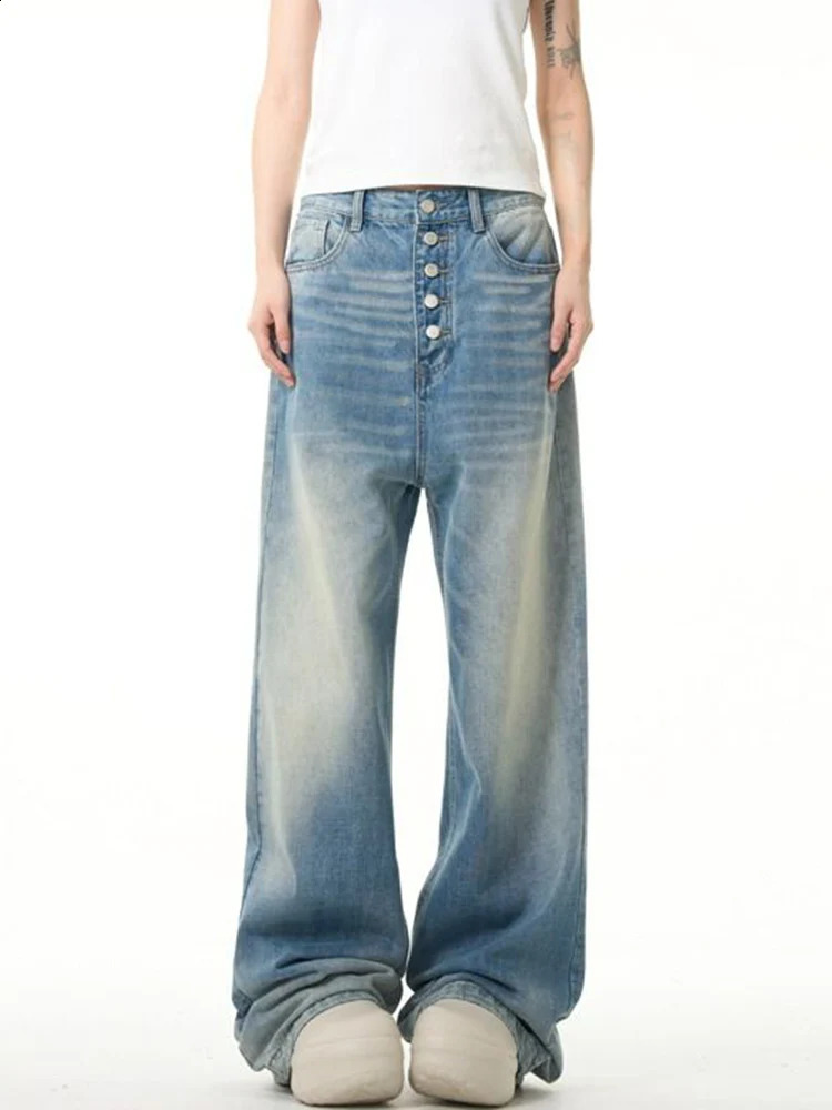 Y2K Wide Leg Jeans Men Women Cat Whisker n American Retro Washed Loose Slightly Flared 260916