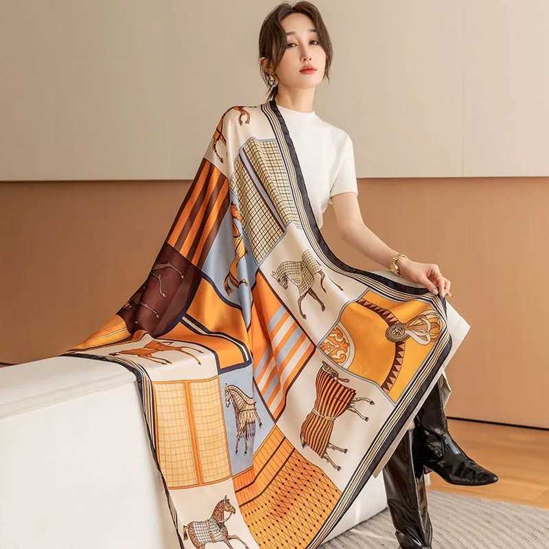 110X110 Li brocade light luxury silk scarf women's hot model new imitation silk luxury soft photo travel scarf Q260916