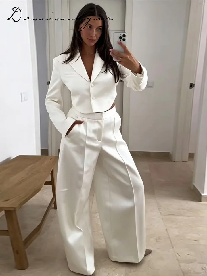 Fashion Solid Satin Blazer Pants Set Women Lapel Backless Short Jacket Mid Rise Balloon Wide Leg Pant 2026 Lady Casual Wear 260915