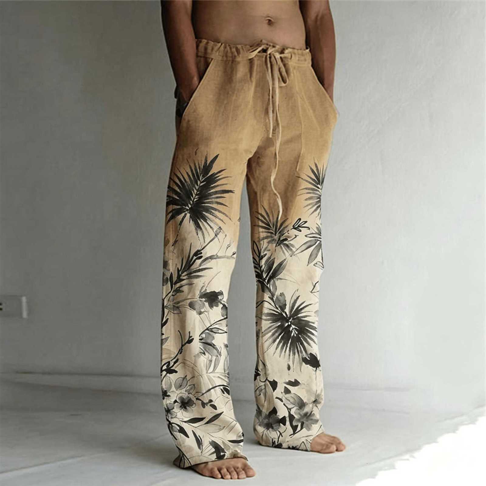 Leaf Men's Ink Wash Palm Print Drawstring Wide Leg Pants Vintage Botanical Straight Pants for Spring Summer D260916