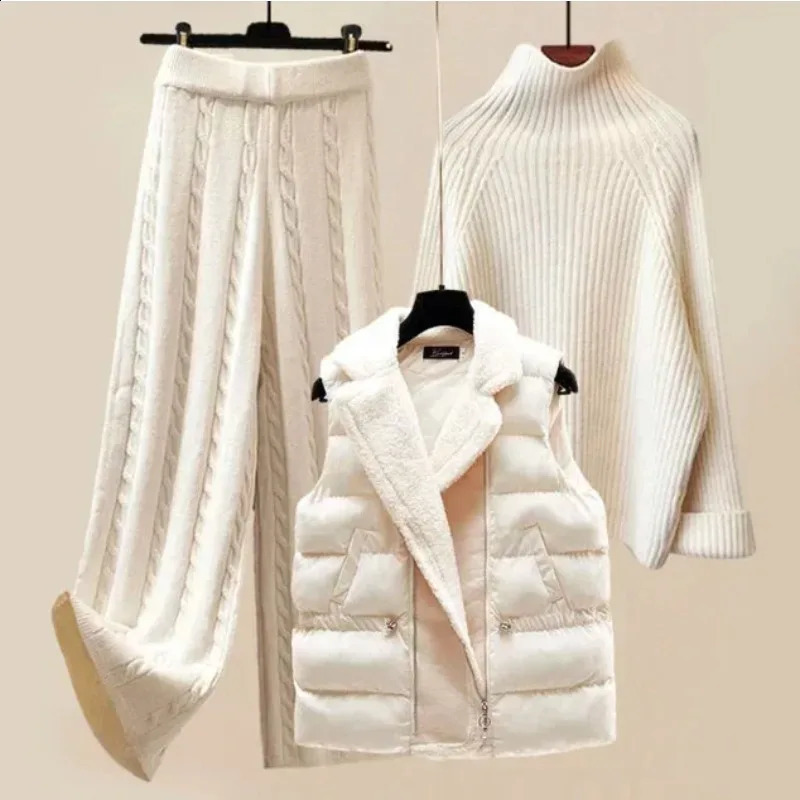 Three piece set womens winter patchwork vest jacket sweater thickened plush straight pants 260916
