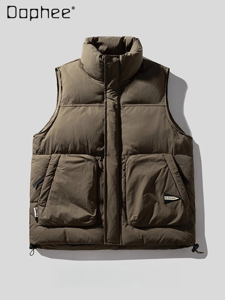 2025 Winter Men's Thickened Warm Duck Down Stand Collar Black Vest Couple Safari Style Khaki Green Versatile Vest 260916