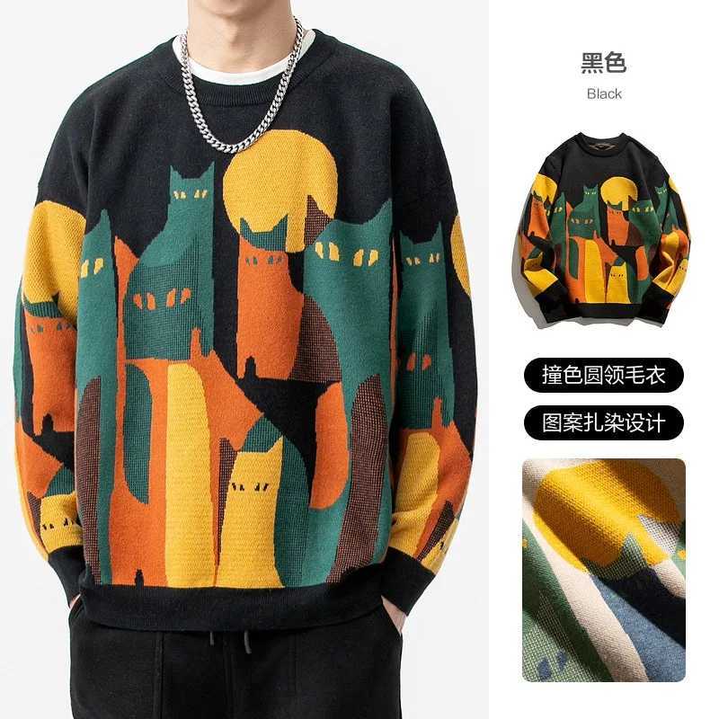 New Men's Autumn Knitted Sweater Korean Style O Neck Cats Graphic Pullover Winter High Quality Warm Tops Black Sweaters 2024 Q260915