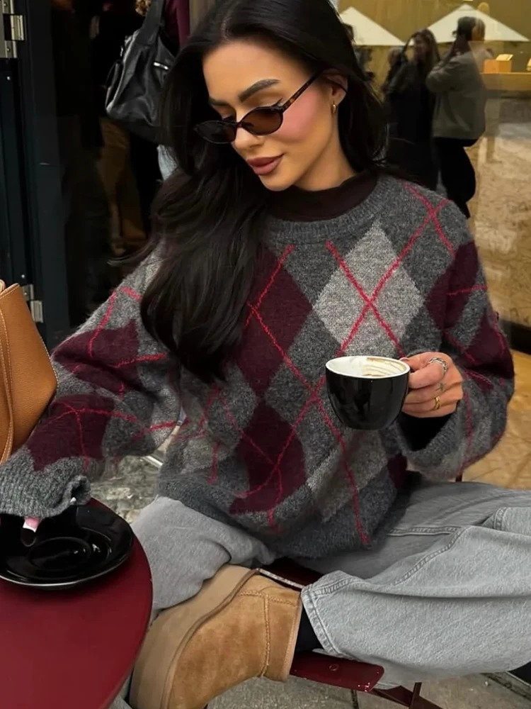 Women's Plaid Jacquard Knitted Pullover Sweater Woman Round Neck Long Sleeve Loose Sweaters Street Versatile Sweaters 260916