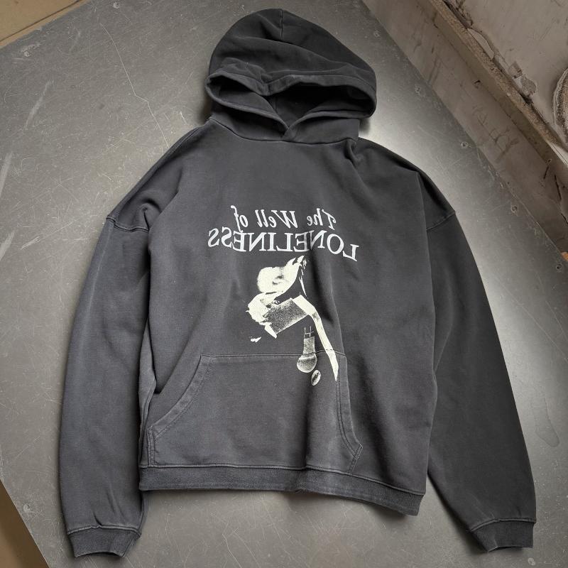 Washed Black Vintage Hoodie The Well Of Loneliness Graphic Print Oversized Long Sleeve Heavyweight Cotton Pullover Hooded Sweatshirt Streetwear Loos
