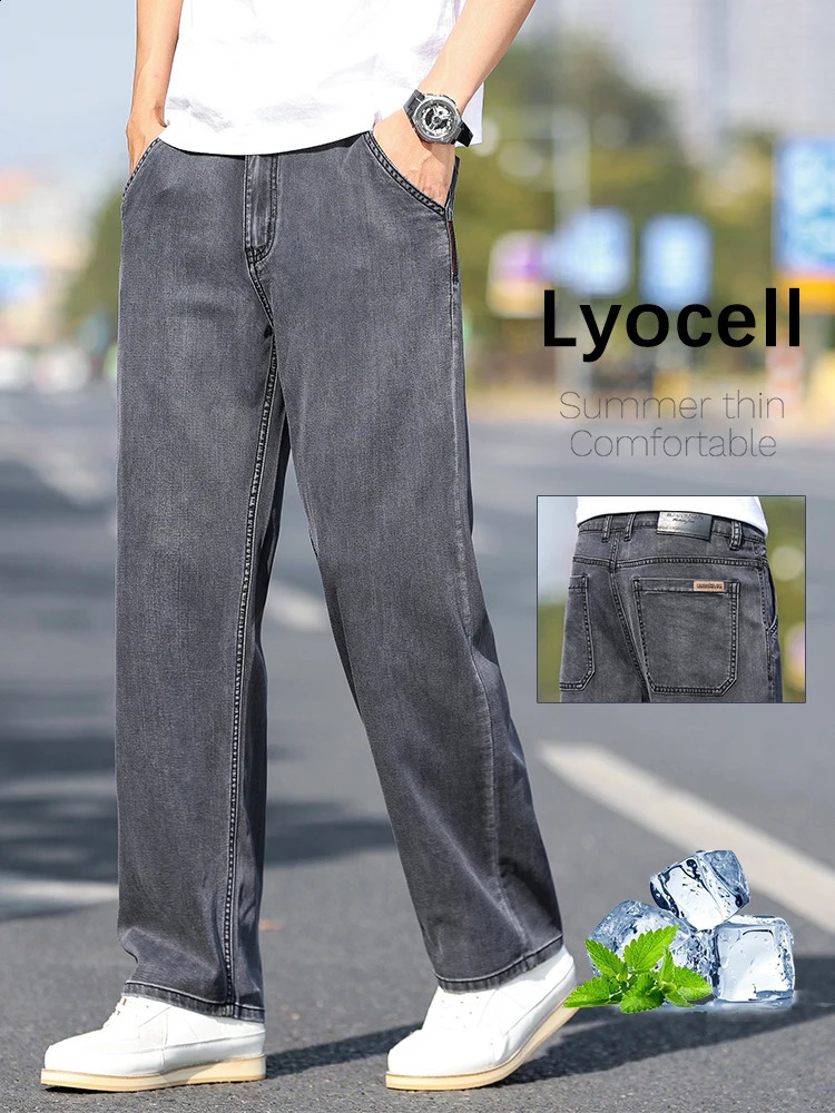 Loose Wide-leg Men's Thin Jeans Lyocell Soft Drape Fabric Comfort Trousers Spring Summer Fashion Washing Denim Pants 260916