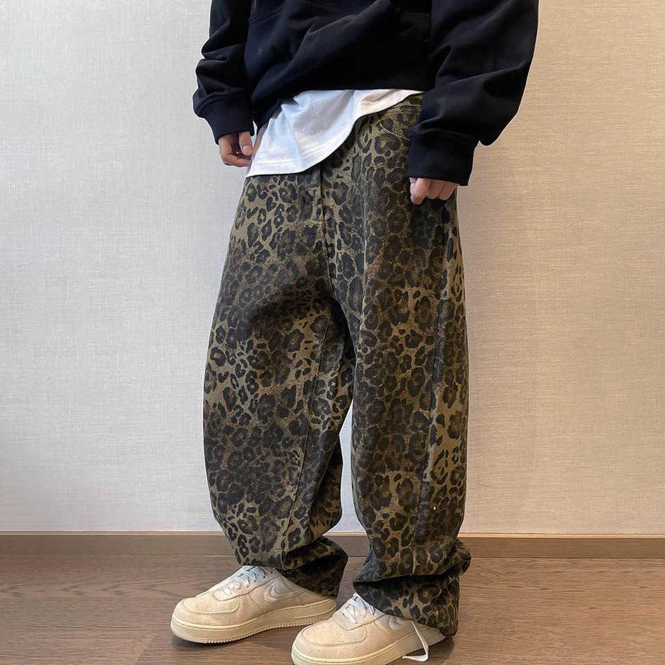 American Men's Trousers Leopard Print Retro Fashion Trend Street Hip-Hop Loose Casual Breathable Niche Summer New Men's Bottoms D260916