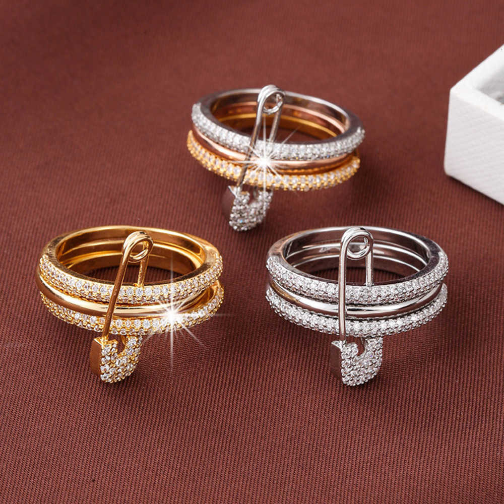 Rings Band High Quality Non Tarnish Triple Connector Cubic Safety Pin Ring for Women Men Textured Unisex Jewelry Gift Wedding gift WW S260916WIWO