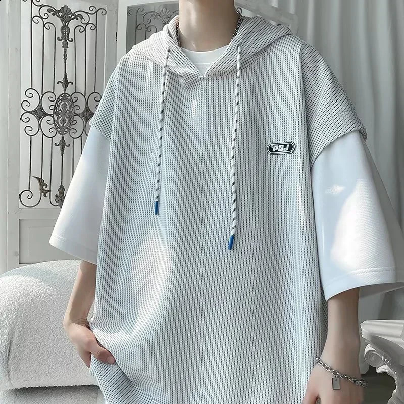 Summer Waffle Hooded Short Sleeve Tshirt Korean Fashion Two Tshirt Y2K Streetwear Oversize Tee Tops Casual Ropa Hombre 260916