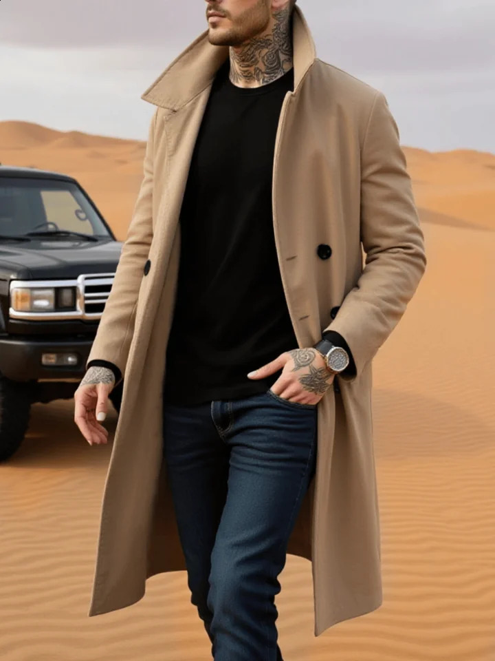 Winter Essential Trench Men's Wool Coat with Lined Thermal Fabric Classic Trench Style Solid Jacket Travel Ready 260916