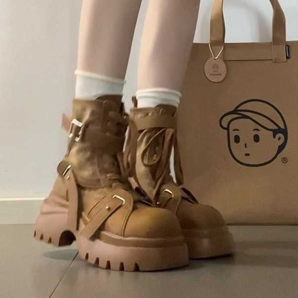 short Round headed sponge cake boots 2026 thick soled denim cloth leather women's midsole short boots D260916