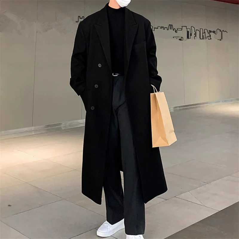 Autumn Winter Male Wool Blend Coats Fashion Long Business Casual Woolen Outwear Men Turn Down Collar Trench Coat Winbreaker Man 260916