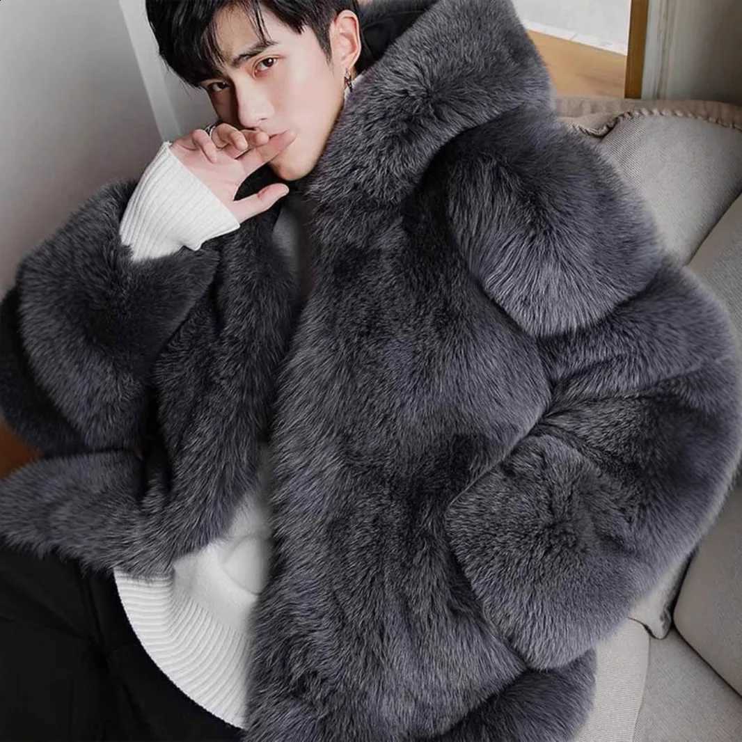 Men's Fashion Winter Solid New Color Simple Basic Casual Trendy Elegant Long Sleeve Hooded Faux Fur Coats Male ClothesW260915