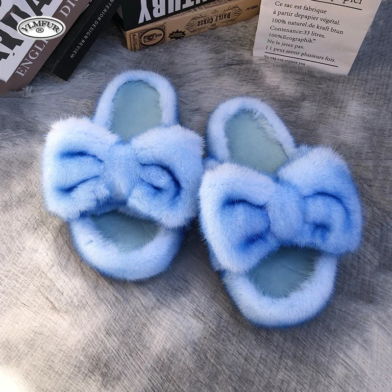 Women Shoes Mink Fur Slippers European y Resort Fashion 100% Leather Warm Ladies Flat Slides 260917