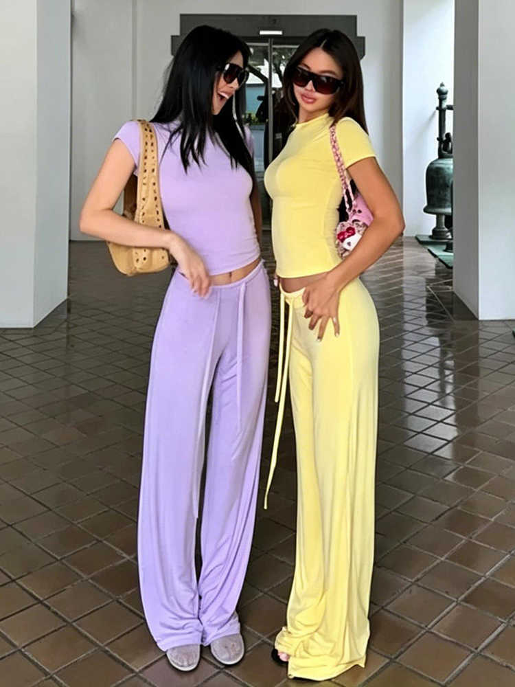 Simple Sisterlinda Chic 2 Piece Set Wo Casual Summer Trend o-Neck Short Slve T-Shirts+Drawstring Straight Pants Strtwear S2609164T5W