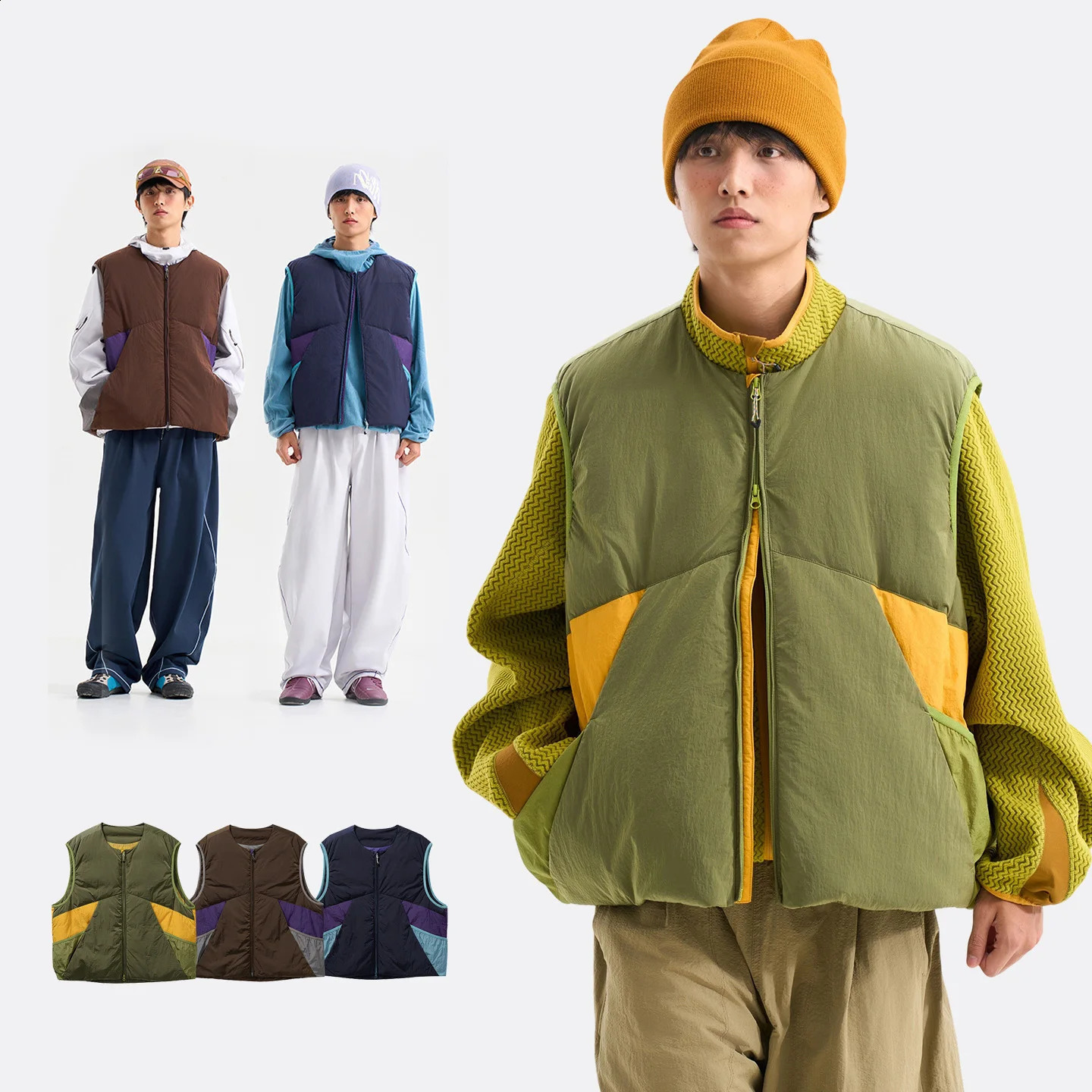 Winter Splice Fashion Duck Down Vest Jacket Men Women Outdoor Loose Casual Thicken Warm Cargo Vest Sleeveless Down Jacket 260916