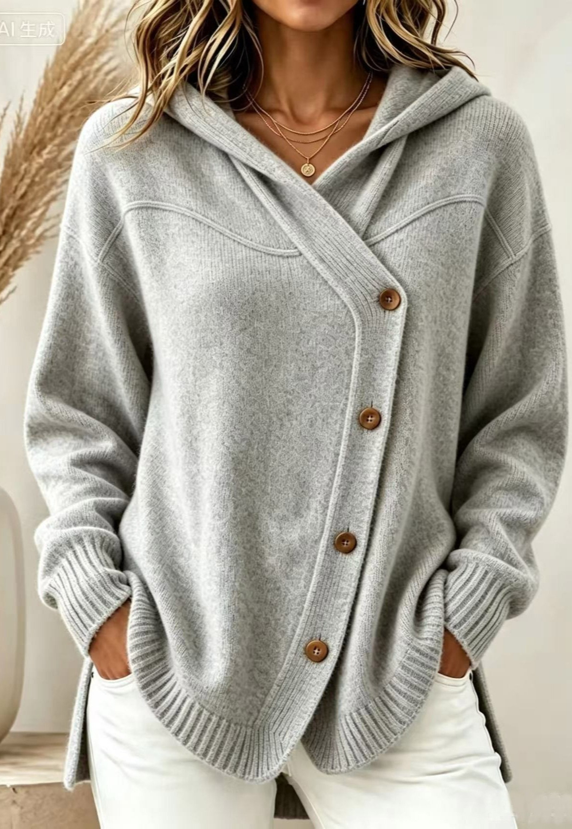 VIP58858 European and American style autumn/winter new women's sweater casual loose button long sleeve hooded cardigan
