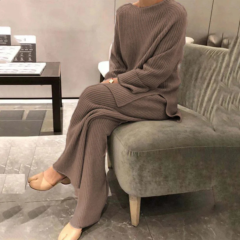 Autumn/winter Fashion Casual O-Neck Pullover Tops Knitted Pant Homewear Pajama Winter Solid Women Two Piece Set Homewear 260916