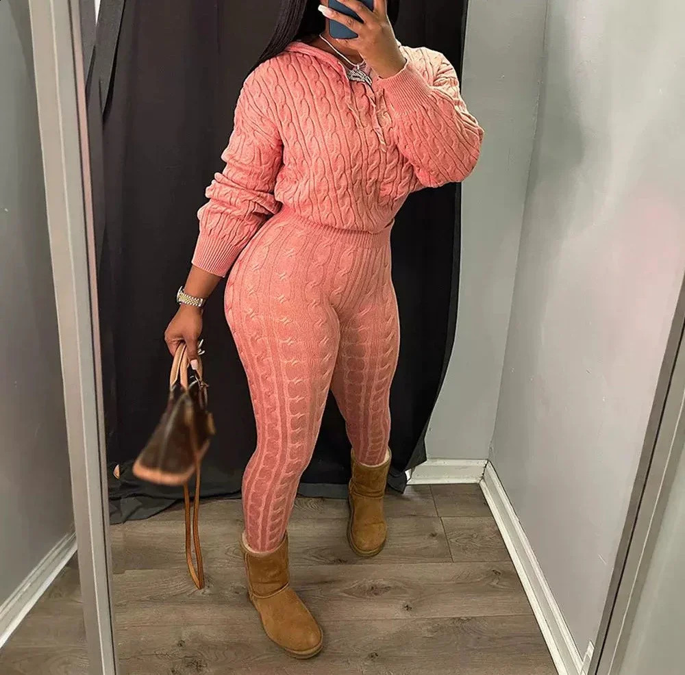 2 Piece Sets Womens Outfits Fashion Long Sleeve Cable Knit Hooded Sweater Pants Suit Streetwear Autumn Winter Casual 260916