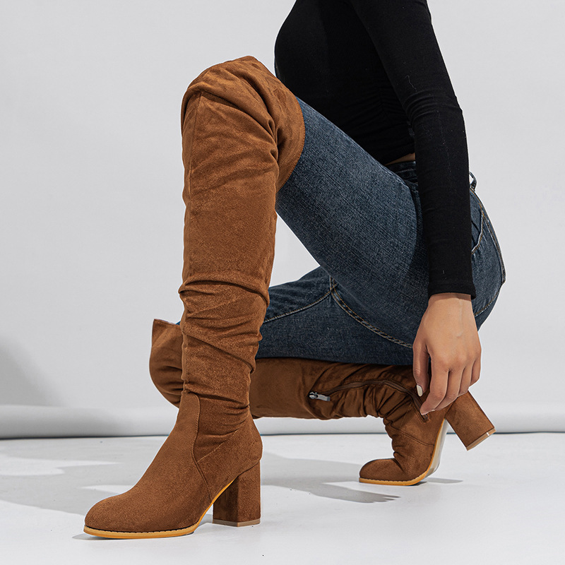 New Foreign Trade Over The Knee Long Boots With Soft Surface Natural Wrinkles Chunky Heel Outdoor Street Runway Women S Sizes