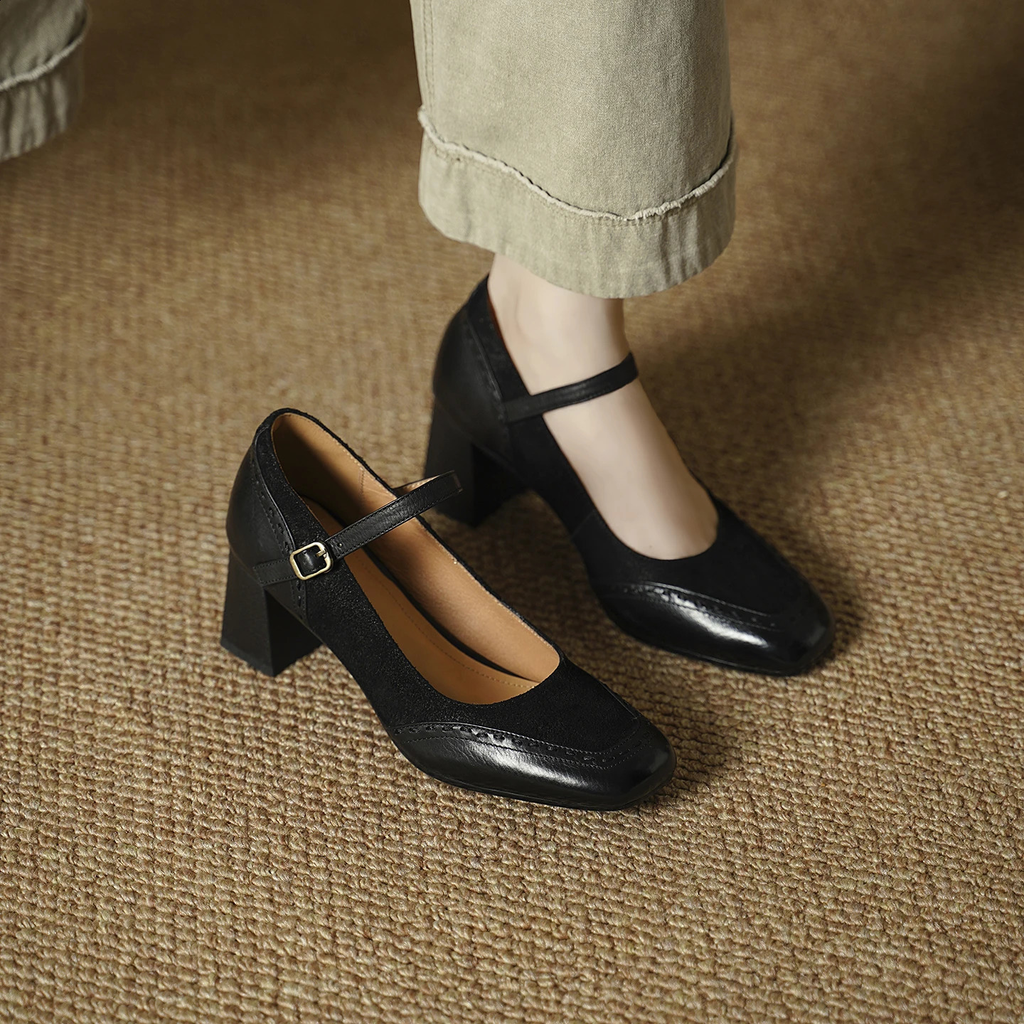 2026 spring autumn women pumps natural leather 22-25cm cowhidecow suedepigskin buckle mary janes high heel women shoes 260916