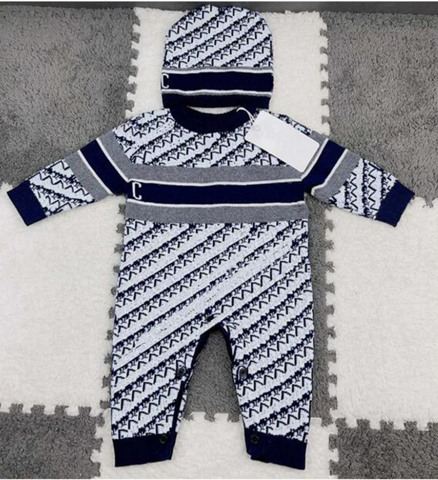 Kids Designer Cotton Knitting Romper Baby Boy Girl Autumn Winter Long Sleeve Crew Neck Cotton Clothes Newborn Children Onesies Jumpsuits Hat Set 254