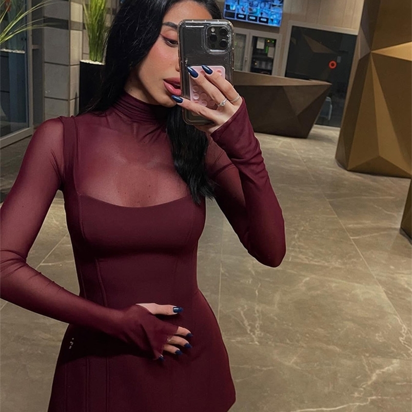 Huhugirl Mesh Patchwork Dresses For Women Fashion Sexy Streetwear Solid Full Sleeve Turtleneck Skinny Mini Vestidos Robes Female 260915