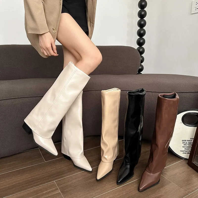 Boots Long Women Trend Gladiator Pointed Toe Mid Heels Shoes Elegant Winter New Knee High Woman Knight's D260916