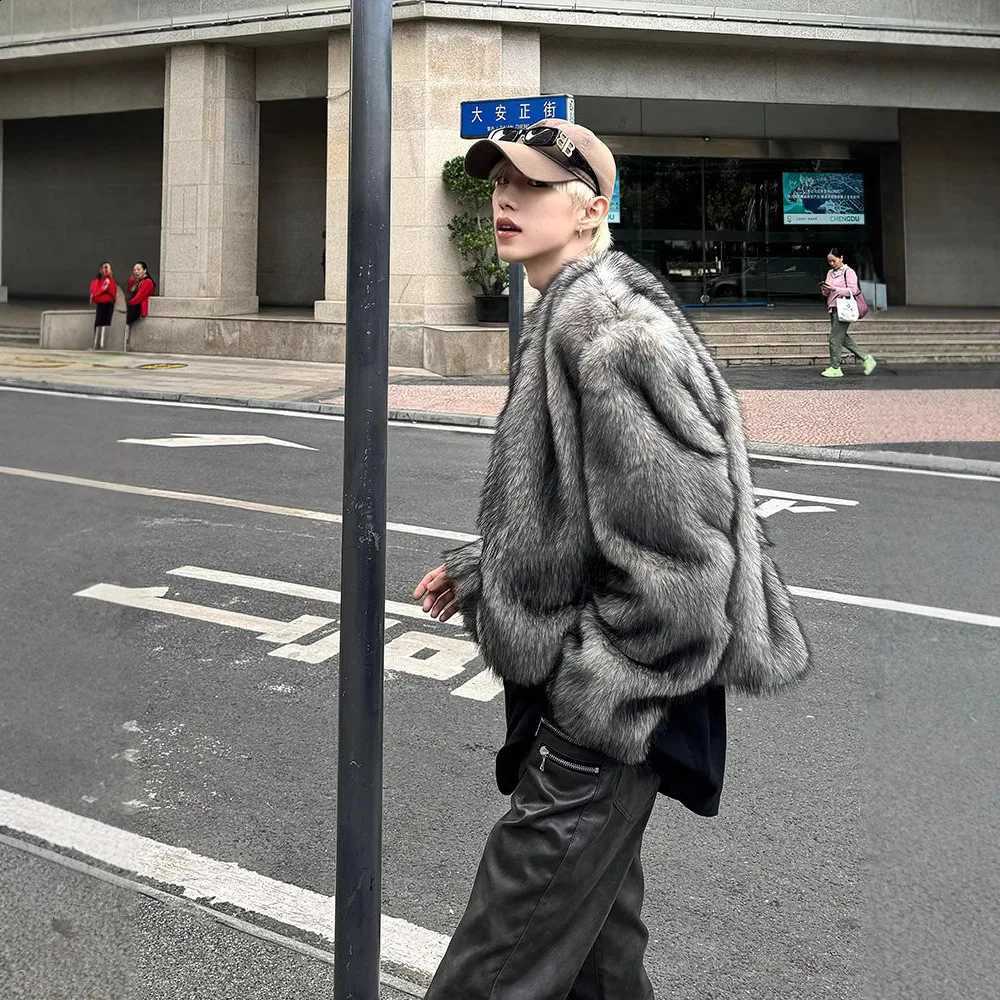 Men 2026 Fashion Autumn Winter Grey Long Sleeve Open Stitch Casual Trendy Simple Daily Faux Fur Jackets Male Coats Top ClothesW260915