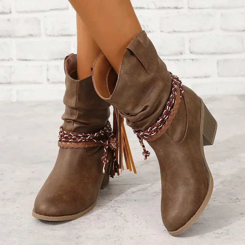Women Vintage Brown Western Cowboy Boots Autumn Winter Tassel PU Leather Ankle Booties Ladies Pleated High-heeled Mid-calf Boot 260916