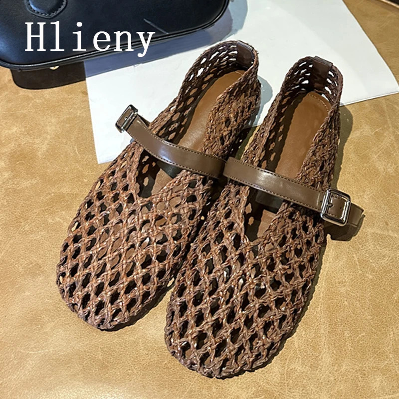 Hlieny Summer Weave Hollow Out Mesh Flats Women Fashion Round Toe Buckle Strap Loafers Ladies Casual Mary Jane Shoe Mules Sandal 260917