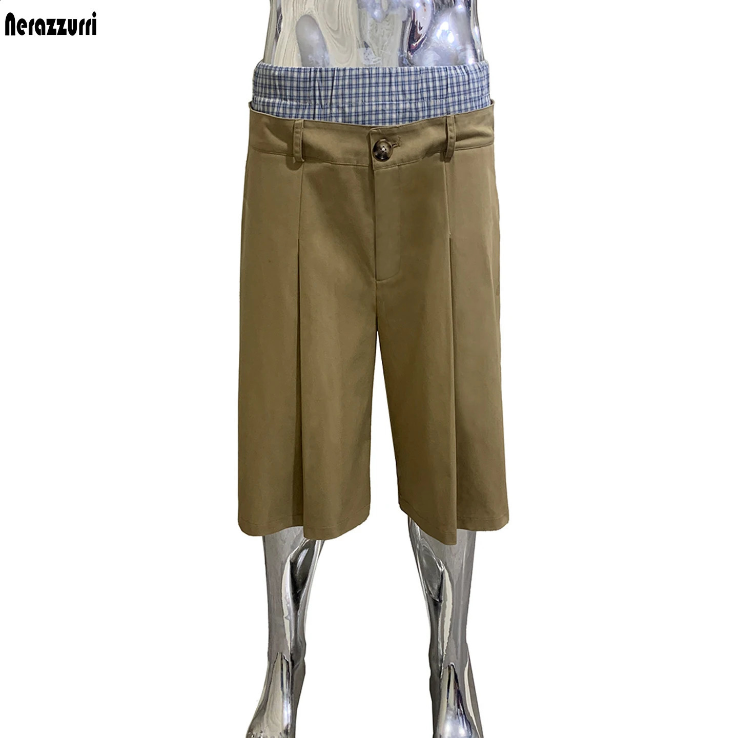 Nerazzurri Summer Plaid Patchwork Khaki Shorts Men Double Waist Knee Length Pants Menswear Streetwear Clothes 260916