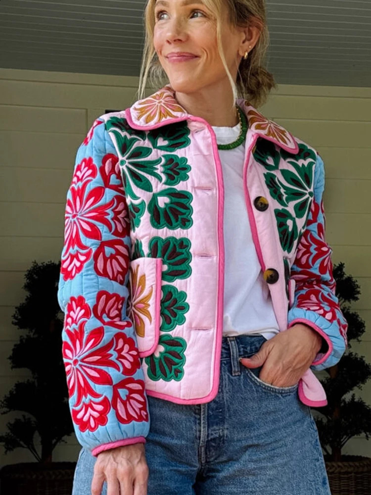 Winter Womens Flower Print Parkas Lapel Singlebreasted Long Sleeve Pocket Quilted Coat Female Vintege Lady in Outwear 260916