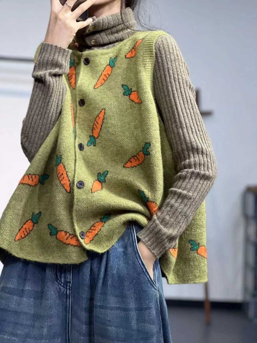 Autumn Carrot Print Knitted Spring Sweater Vest Large Size Women's round Ne Svel Versatile Open Cardigan Vest TopW260915