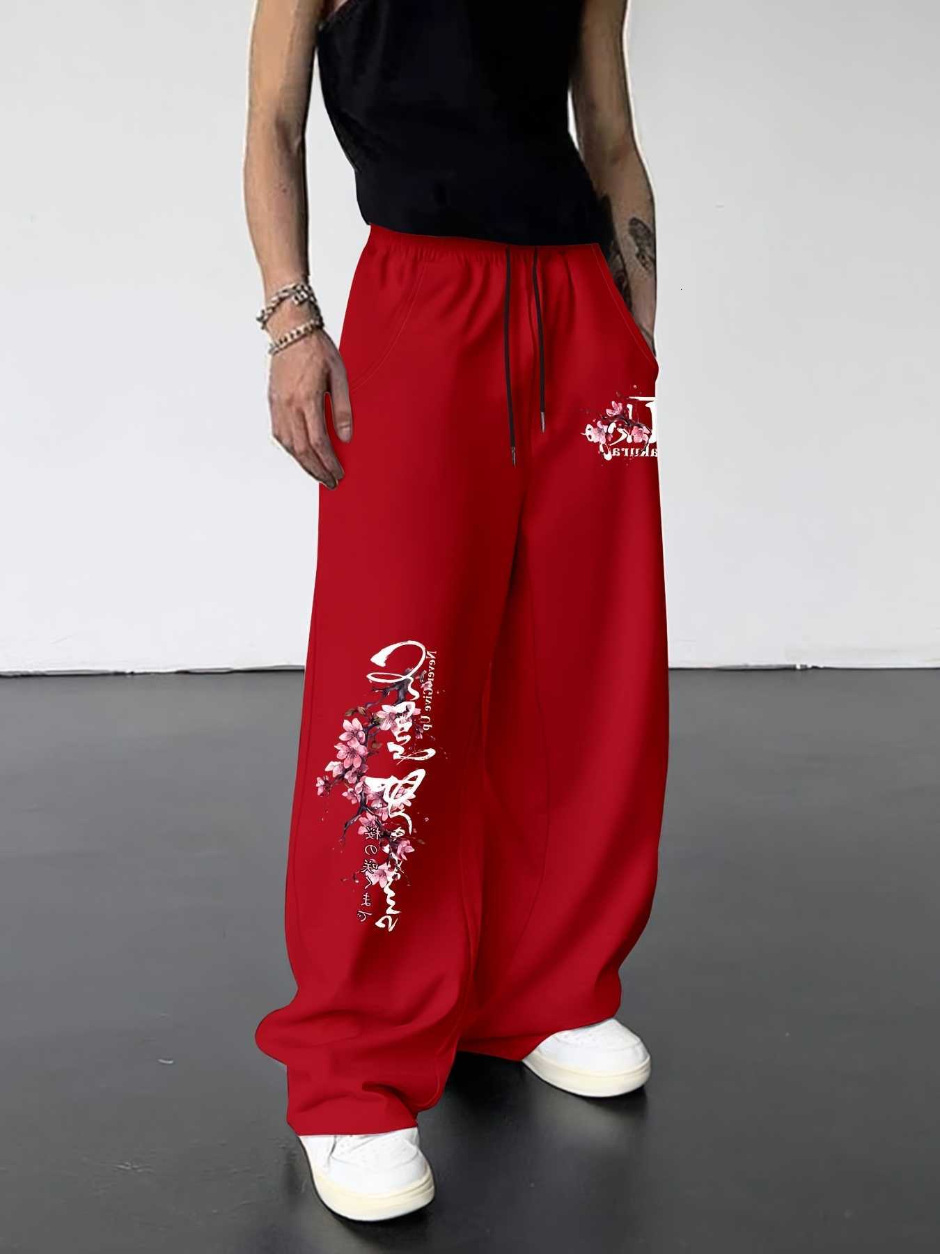Men American Vintage Straight Leg Pants Sakura Letter Graphic Print Drawstring Loose Street Casual Long Sweatpants S-3XL D260916