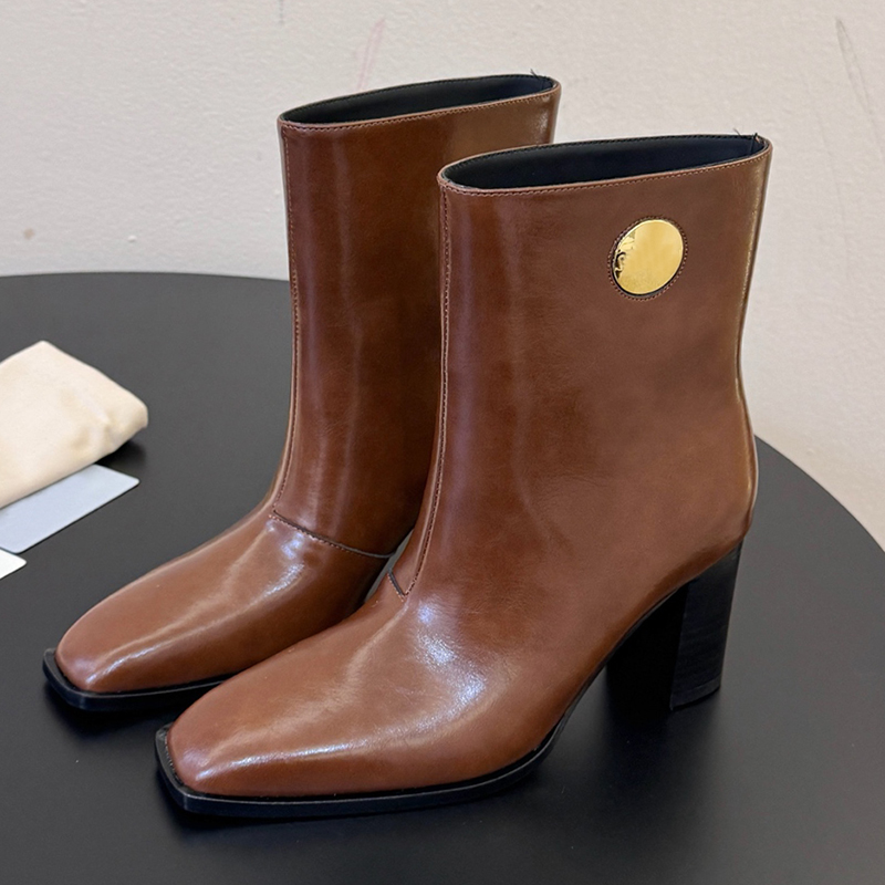 Luxury Designer Luxury Brand Autumn and Winter New Square Toe Thick Heel Cowhide Material Women Short Boots Famous Brand Shoes formal shoes factory