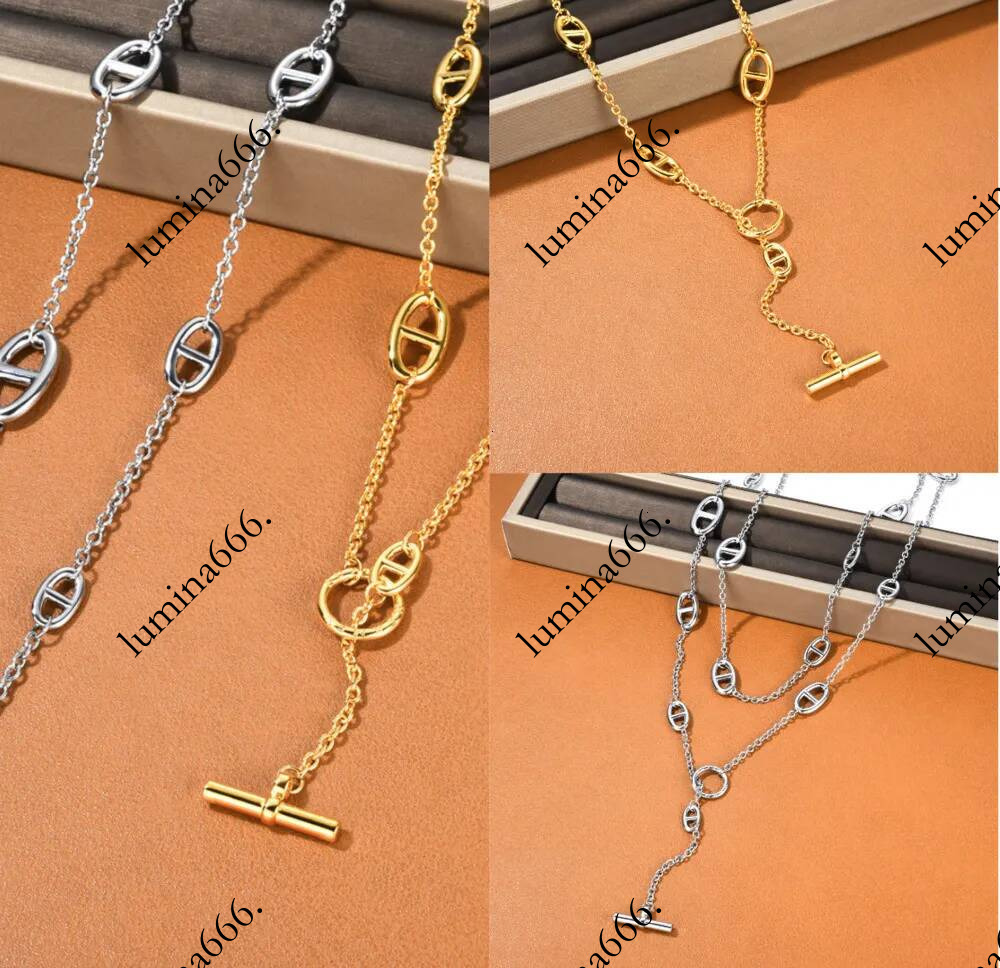 long necklace titanium steel Sier Necklace double layered with OT button clavicle chain designer jewelry high sense overlapping wear choker