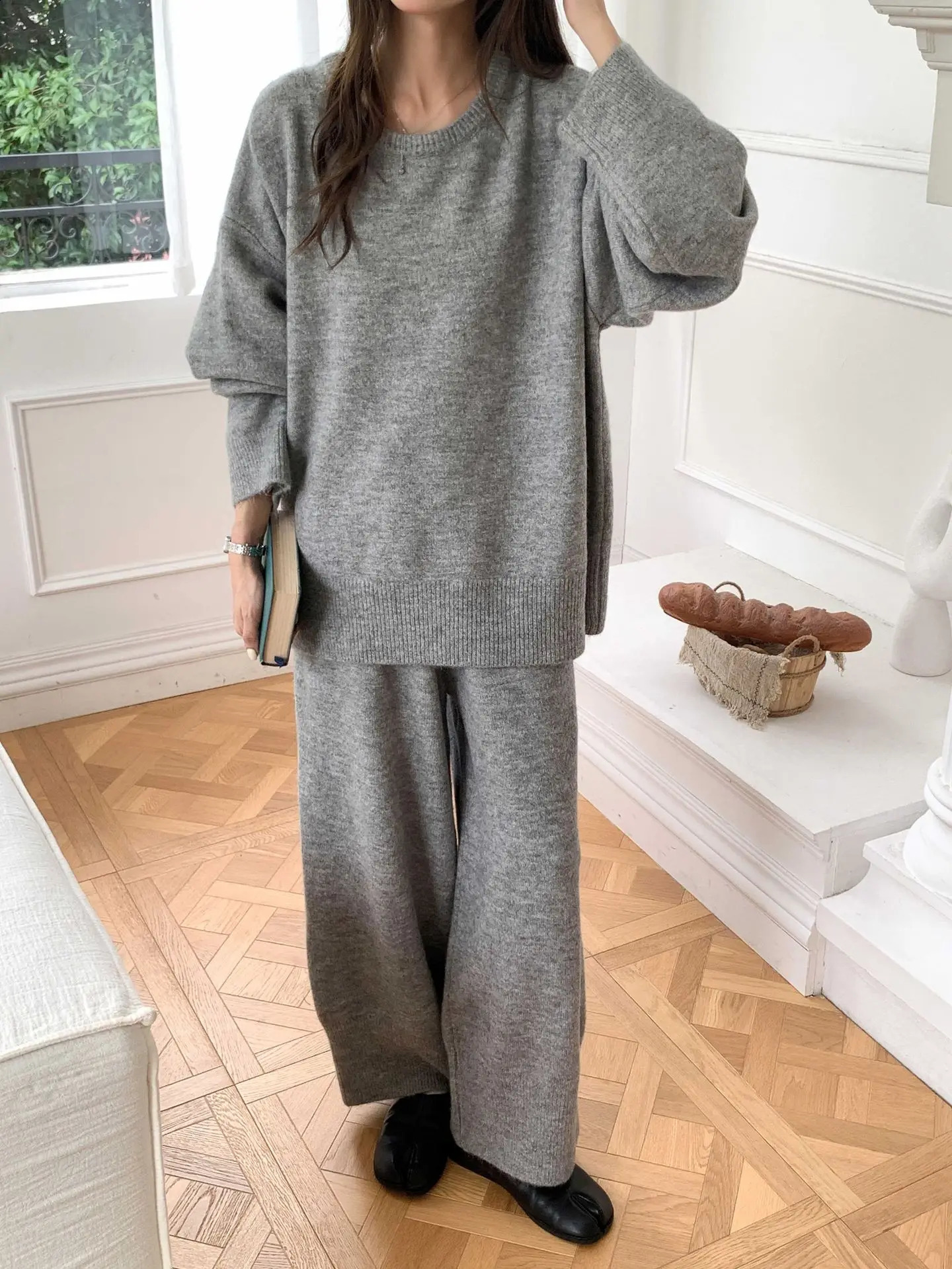 RZIV Comfortable solid color sweater set walking and knitting set sweaterwide leg pants 260916