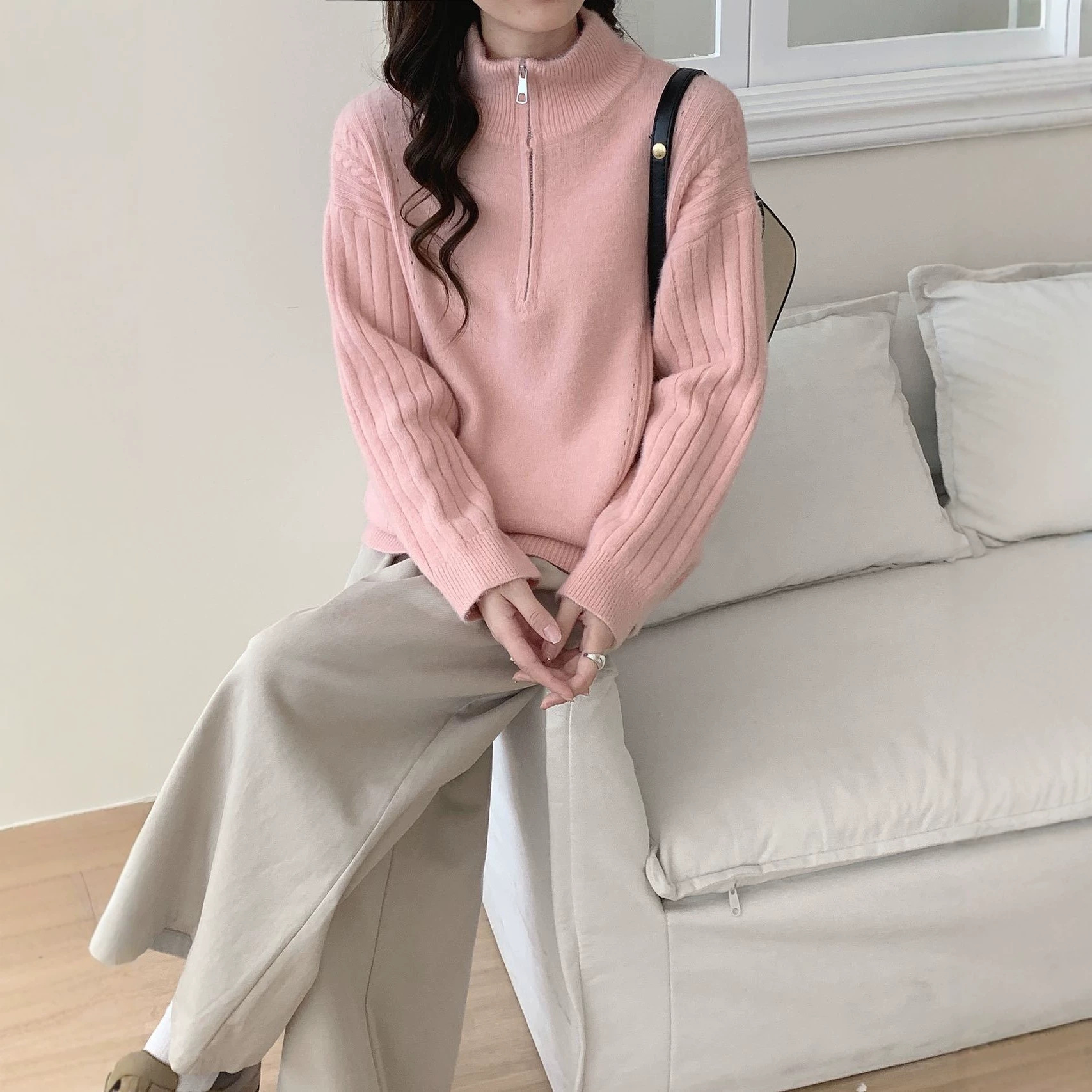 New Autumn Winter Korean-Style Loose-Fit, Fashionable Half-Zip Sweater, Suitable For Cross-Border Sales, Casual And Warm, A Knitted Sweater Or Outer