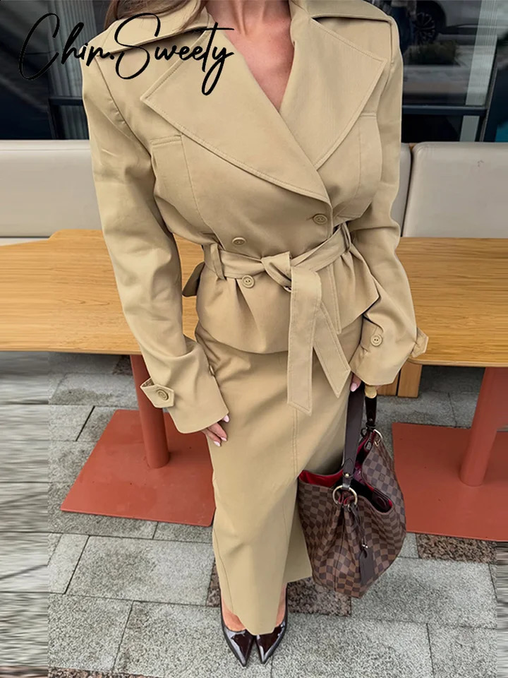 Chic Solid Women's Coat Skirts Suit Long Sleeve Lapel Lace-Up Lady Top Long Skirt Set 2026 Autumn Fashion Female Outfits 260916