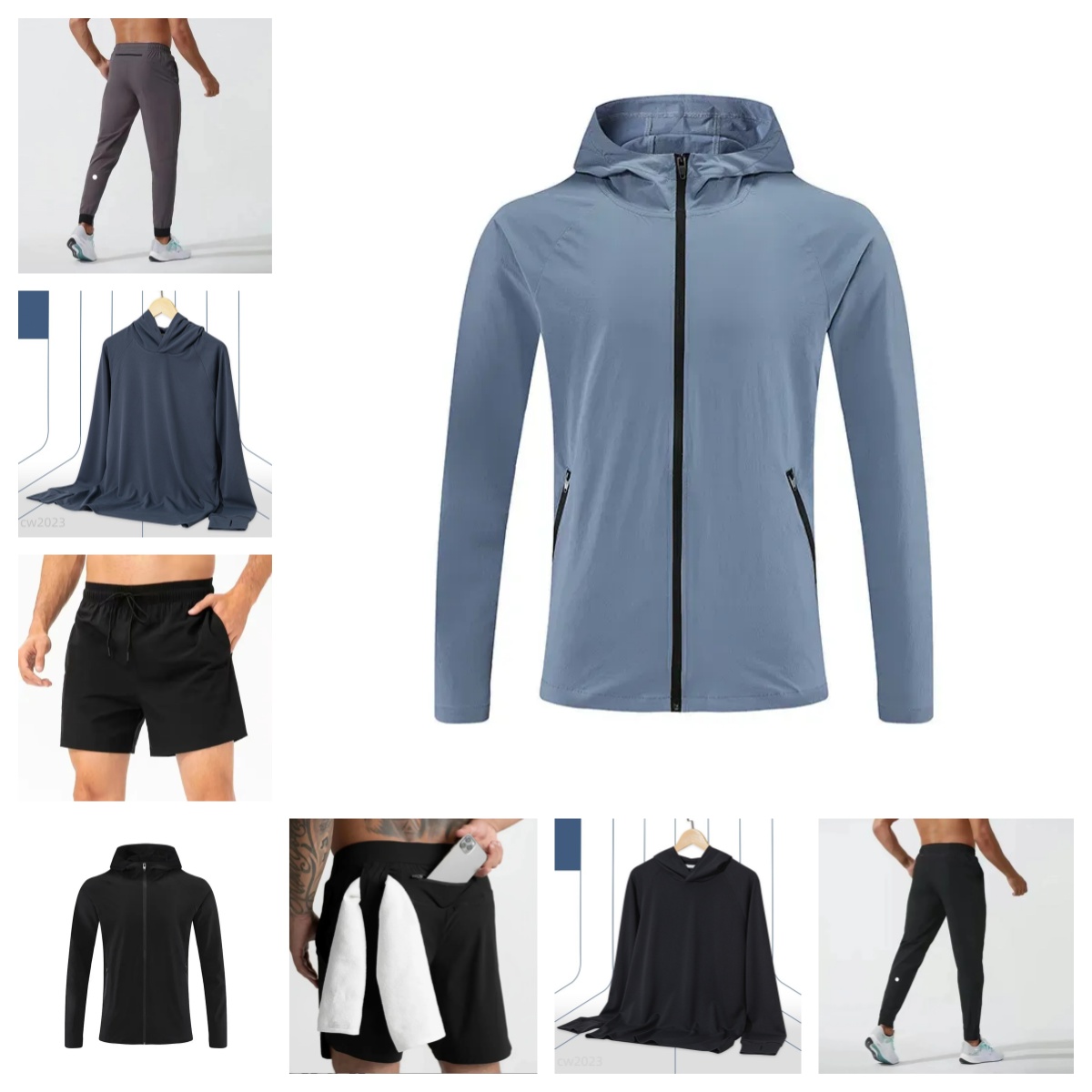 Ensemble yoga homme hauts manches longues à capuche veste zippée pantalon long short running fitness extérieur