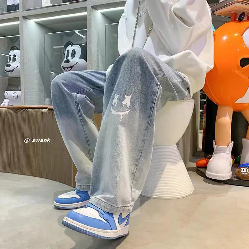 Harajuku Smile Print Baggy Pants Men Streetwear Wide Leg Oversize Jeans Vintage Y2k Straight Long Trousers Male Fashion 260916