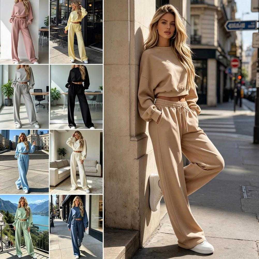 Slve Long Sweatshirt Wide Leg Pants Solid Color Sweatsuit Set Women's 2 Piece Lounge Sweatsuit Set Long Slve for Fall S260916U2K5