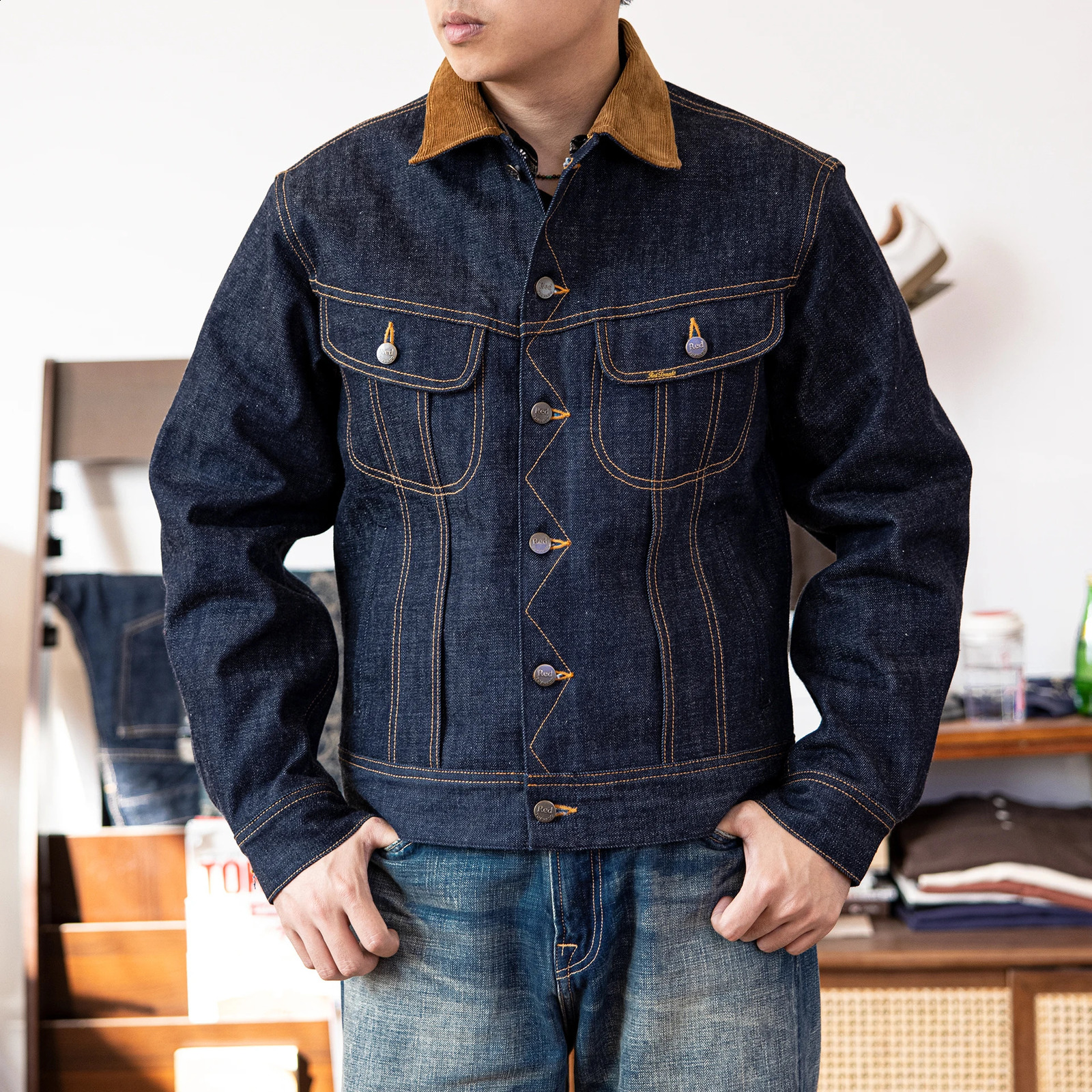 LE-0003 Big Size 18oz High Quality Cotton Denim Jacket Casual Stylish Unwashed Stormrider Coat 260916