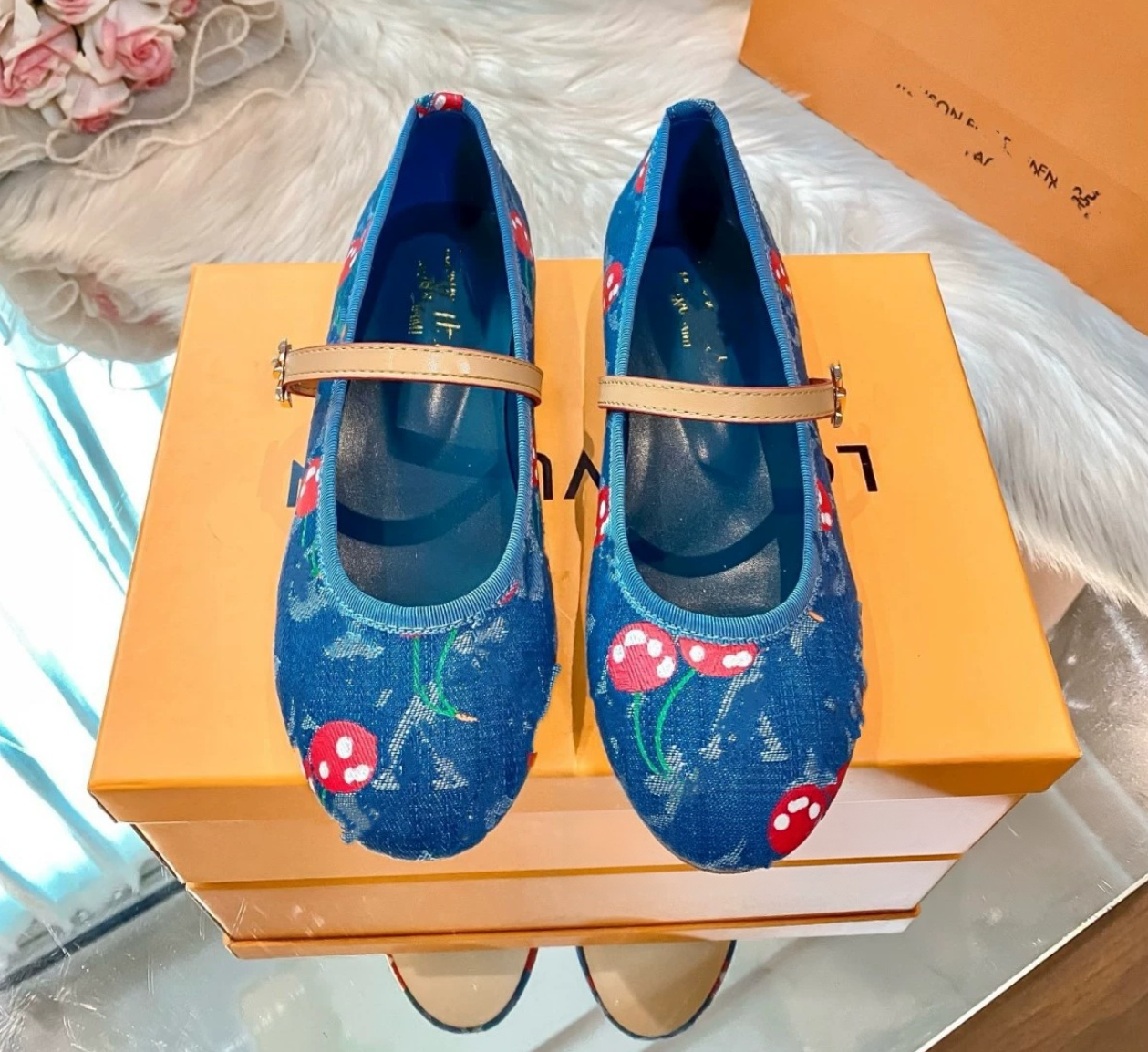 Cute Blue Denim Mushroom Print Flats For Women Comfortable Soft Sole Daily Wear Spring Autumn Shoes