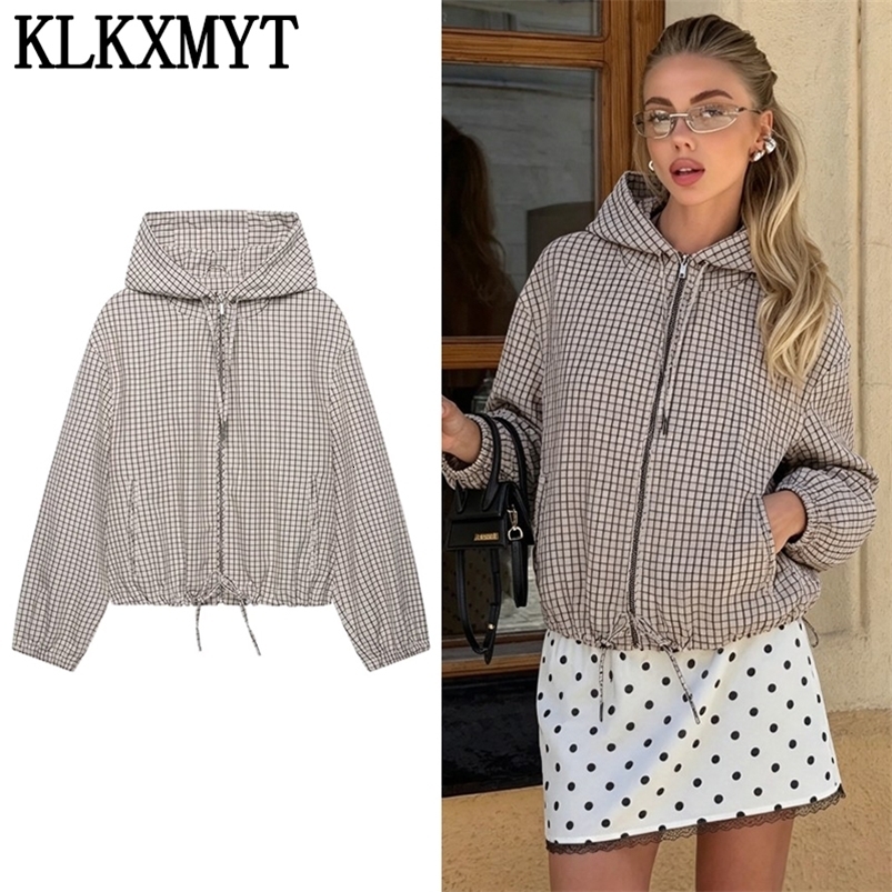 KLKXMYT Women Casual Plaid Hooded Jacket Chic Long Sleeve Drawstring Zipper Loose Short Jackets Top Lady Commute Street Coat 260915