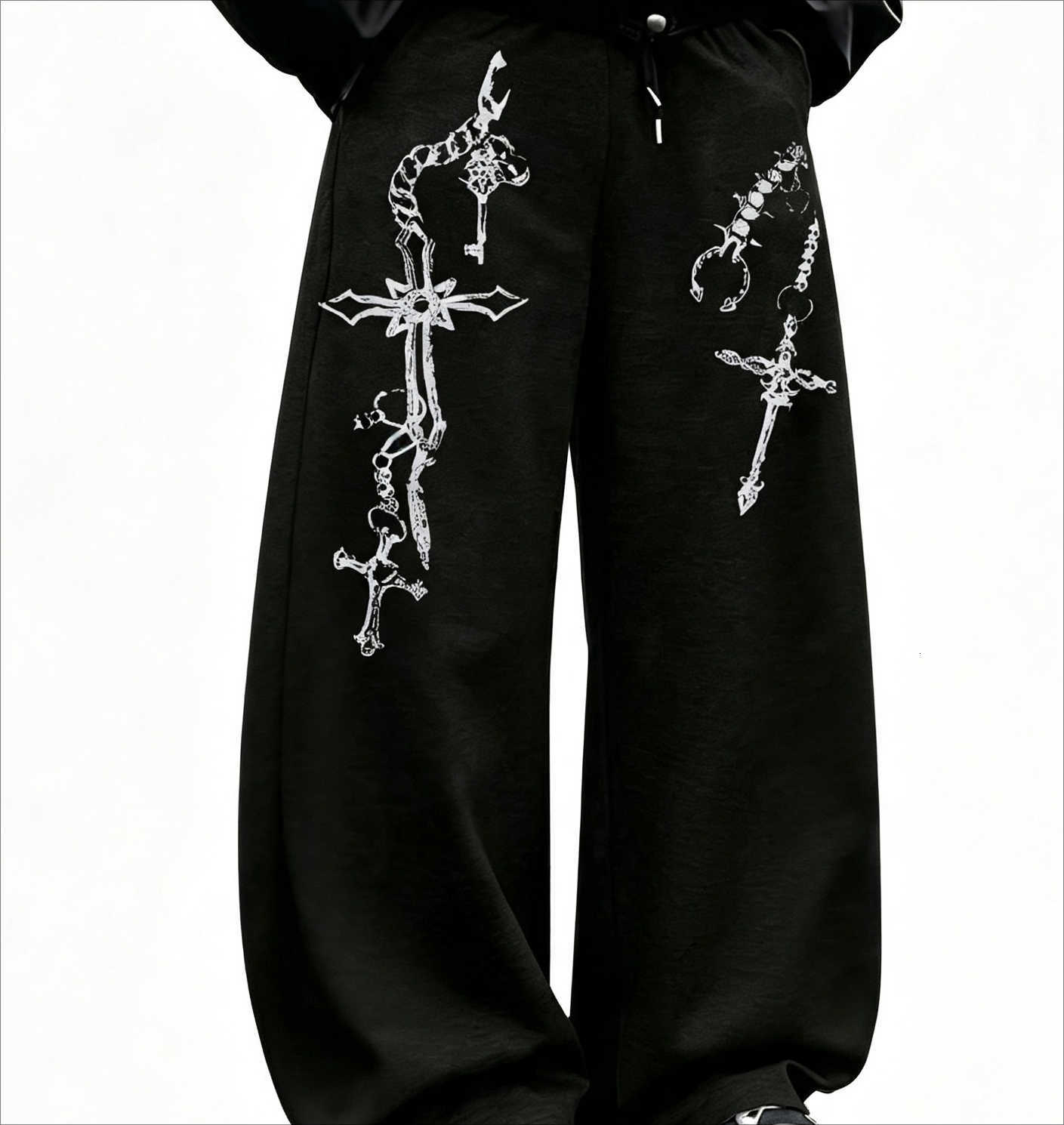 2026 Autumn/Winter Fashion New Retro Gothic Retro Cross Chain Printed Pants Outdoor Hip Hop High Street Fitness Loose Pants D260916