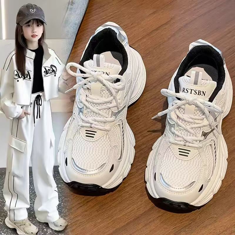 Athletic Outdoor Shoes Chunky Sneakers Breathable Mesh Upper Lace Design Trendy Style White Color For Girls Daily Wear