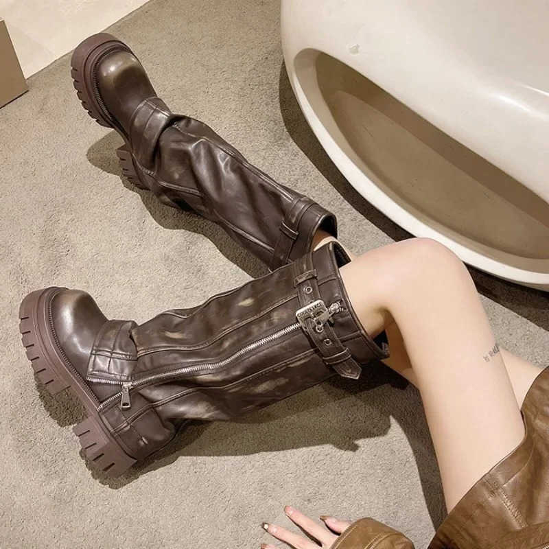 Chunky Women Boots Mid Calf High Heeled Platform Punk Motorcycle Long Booties Goth Street Shoes for Women D260916